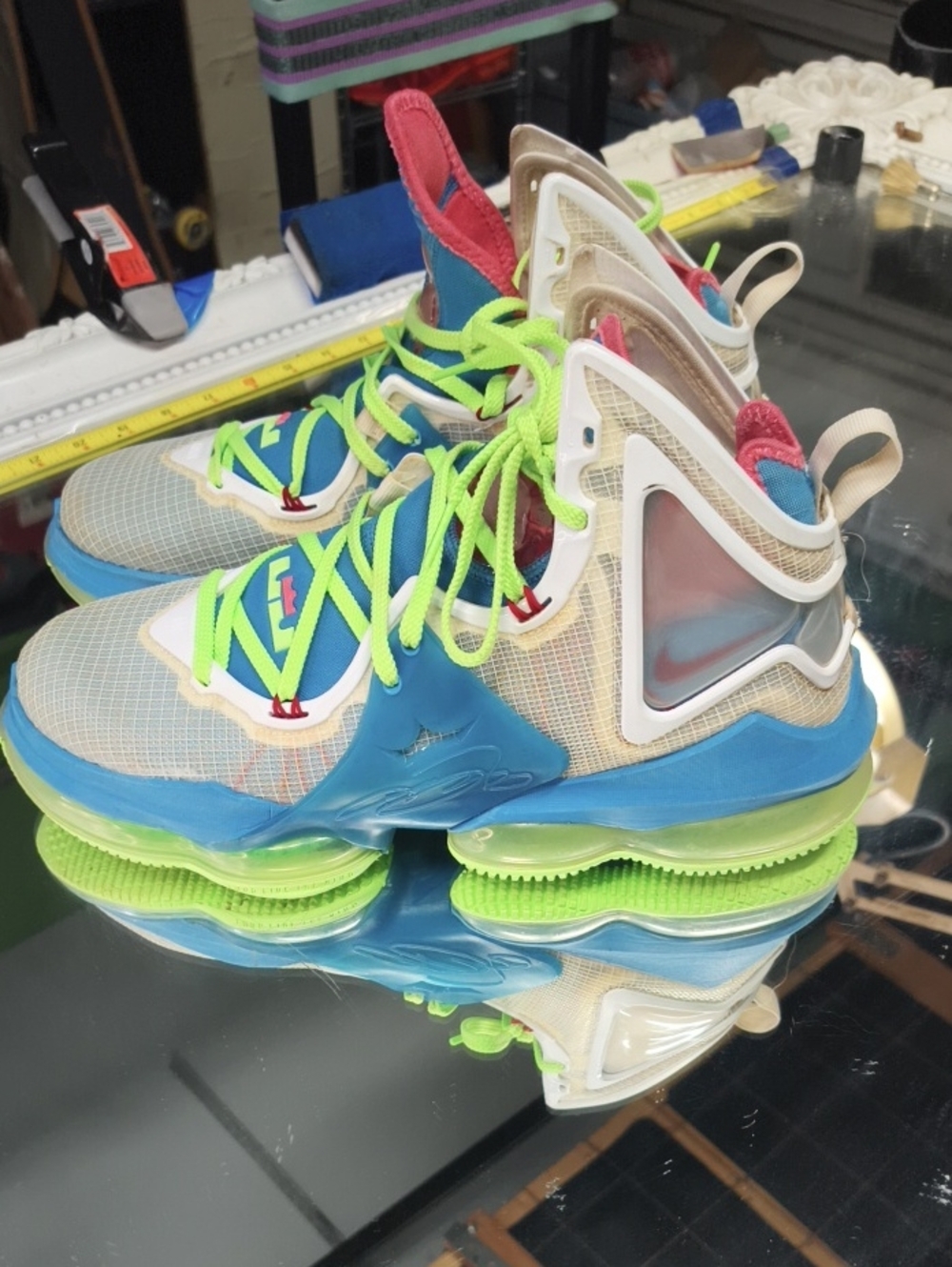 Mens 10 Nike LeBron 19 'Tropical' Dutch blue & white mesh upper Lime Glow Laces